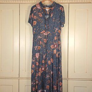 Knox Rose Midi Short Sleeve Blue Pink Floral Tiered Boho Print Dress Size Large
